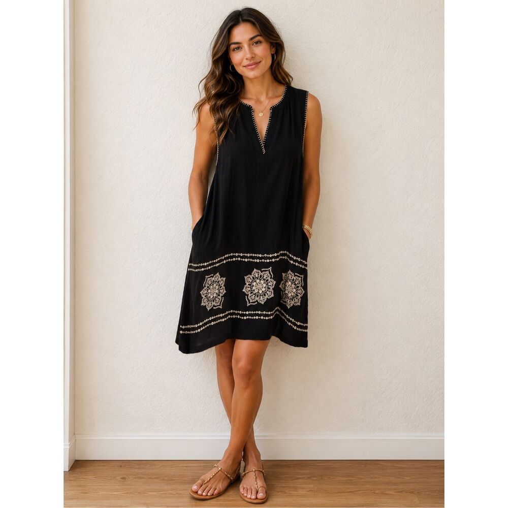 Calypso St. Barth Embroidered Sleeveless Shift Dress Pockets Black Size L
